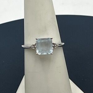 EMA Inc Vintage 10k White Gold Prong Emerald Cut Lab Aqua Diamond Ring 7.5